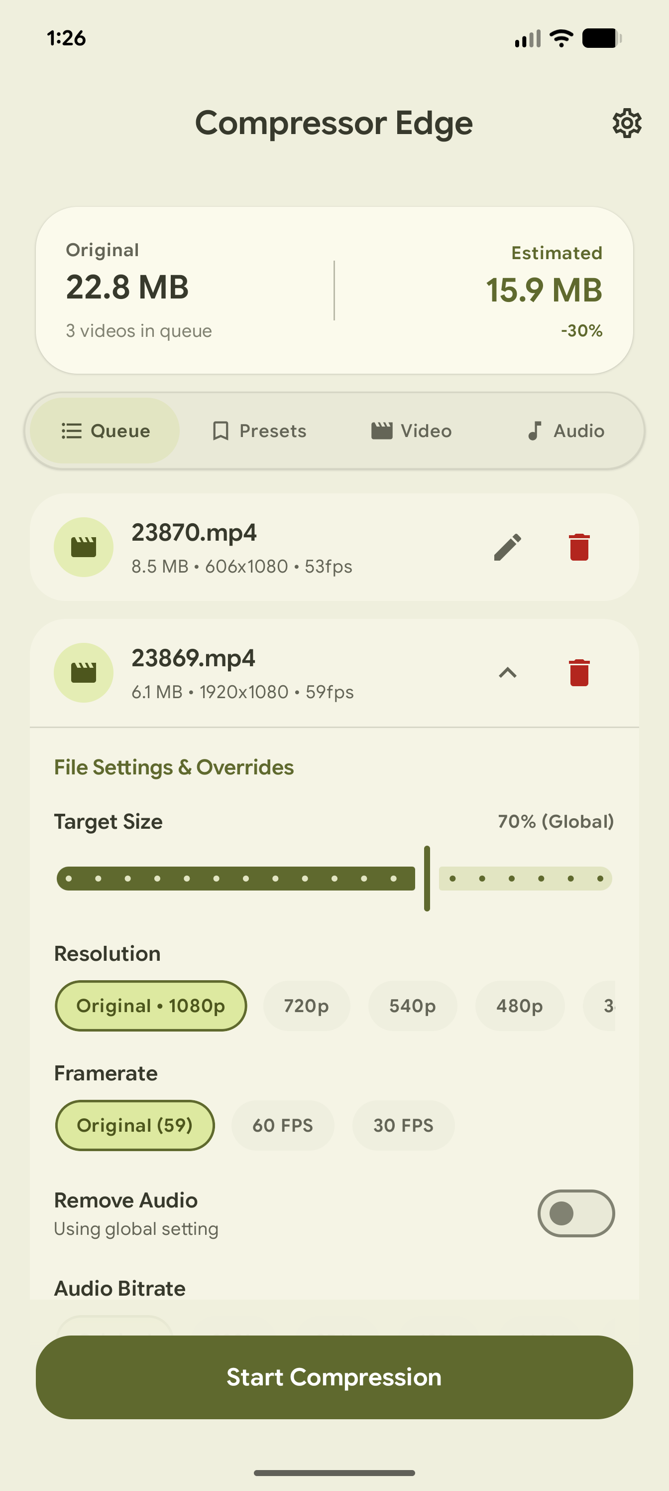 Compressor Edge video queue batch interface