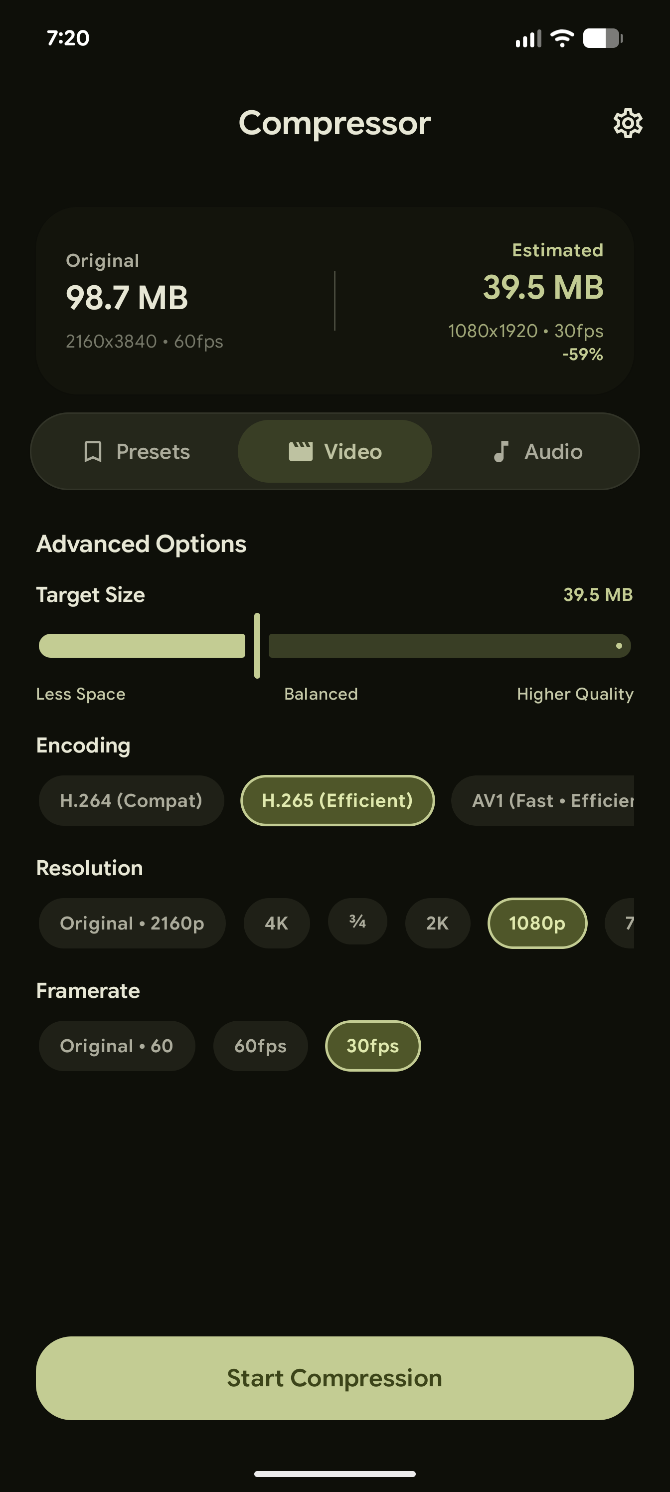 Compressor dynamic dark mode interface